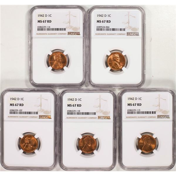 Lot of (5) 1942-D Lincoln Wheat Cent Coins NGC MS67RD