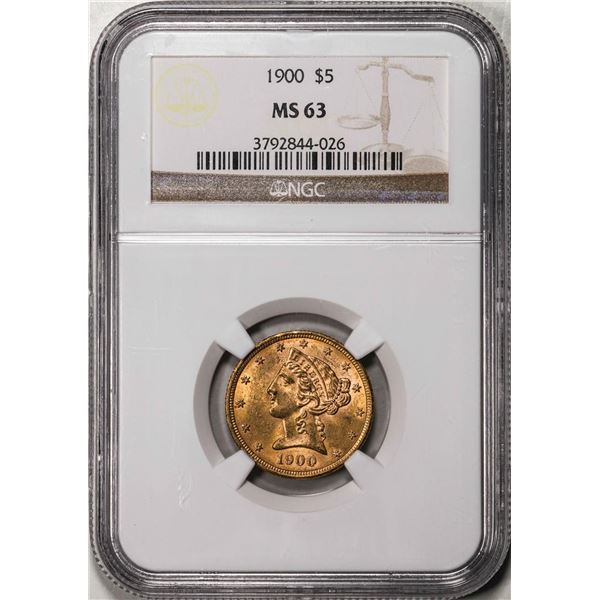 1900 $5 Liberty Head Half Eagle Gold Coin NGC MS63