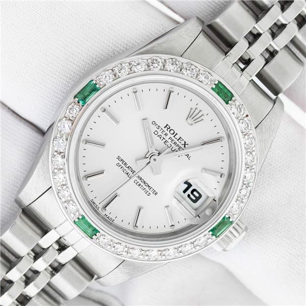 Rolex Ladies Stainless Steel Silver Index Emerald and Diamond Datejust Wristwatch