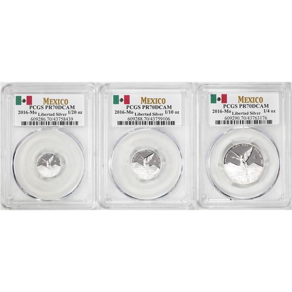 Lot of 2016-Mo Mexico Proof 1/20, 1/10 and 1/4 oz Silver Libertad Coins PCGS PR69DCAM