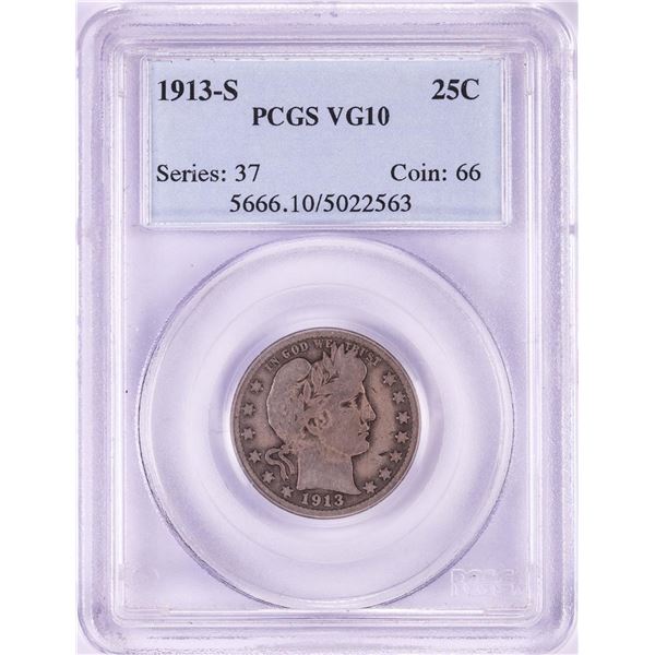 1913-S Barber Quarter Coin PCGS VG10