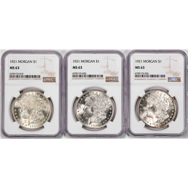 Lot of (3) 1921 $1 Morgan Silver Dollar Coins NGC MS63