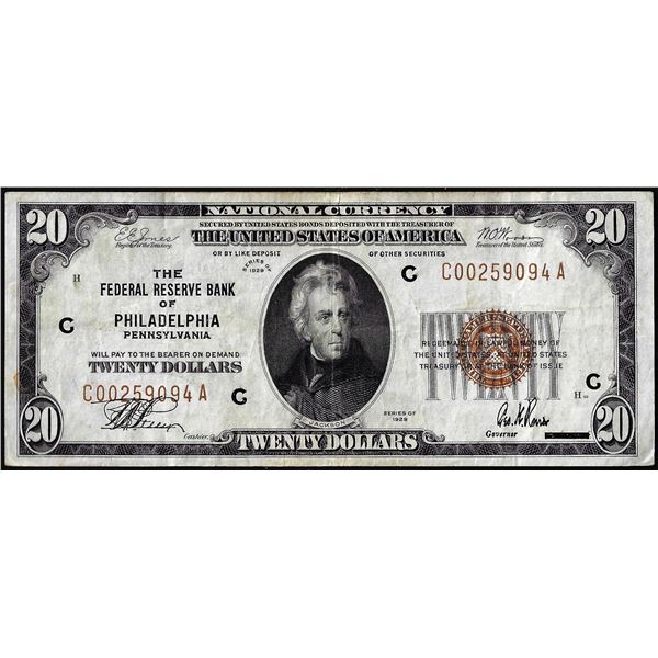 1929 $20 Federal Reserve Bank Note Philadelphia