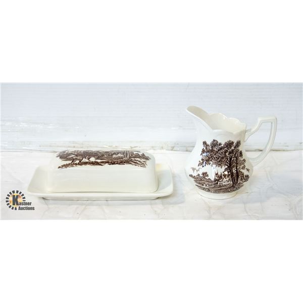 J&G MEAKIN BUTTER DISH AND CREAM JUG