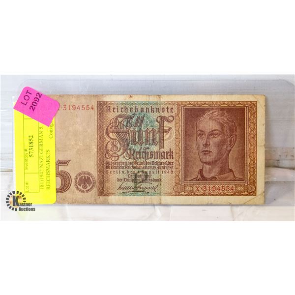 181)1942 NAZI GERMAN 5 REICHSMARK?S