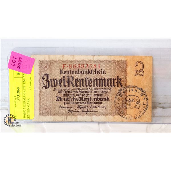 189)1937 GERMAN RENTENBANK, 2 RENTENMARK