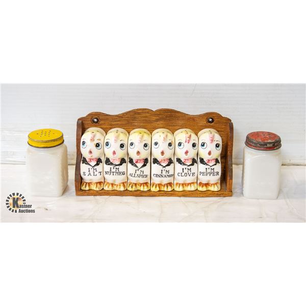 JAPANESE SPICE JAR SET WITH RACK & MILK GLASS