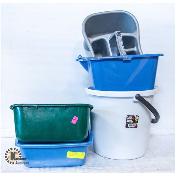 FLAT OF WASH BUCKETS AND BASINS AND CLEANING
