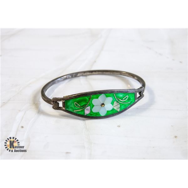 STERLING BRACELET WITH GREEN AND PEARL INLAY
