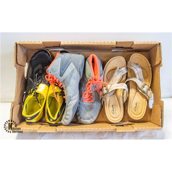 LADIES SZ 8 CLARKS, FILA FERARRI, AND ASICS SHOES