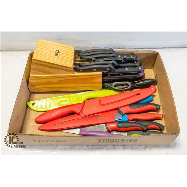 FLAT OF VARIOUS KNIVES W/MASTERCHEF KNIFE BLOCK