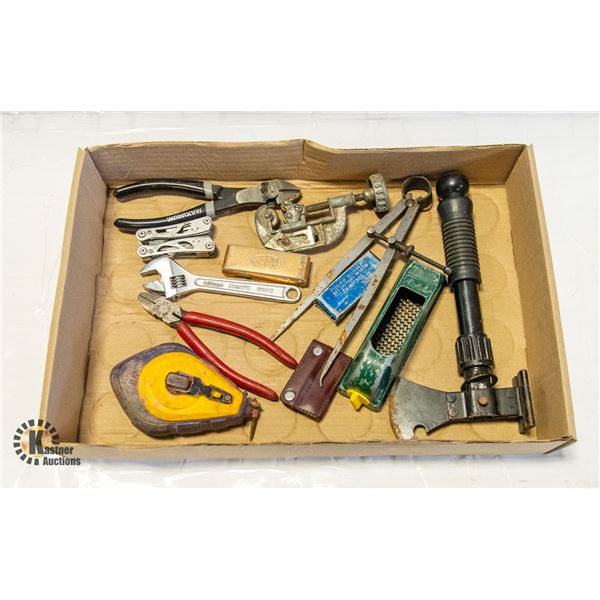 MISC TOOLS INCLUDING SURVIVAL AXE, CHALK LINE