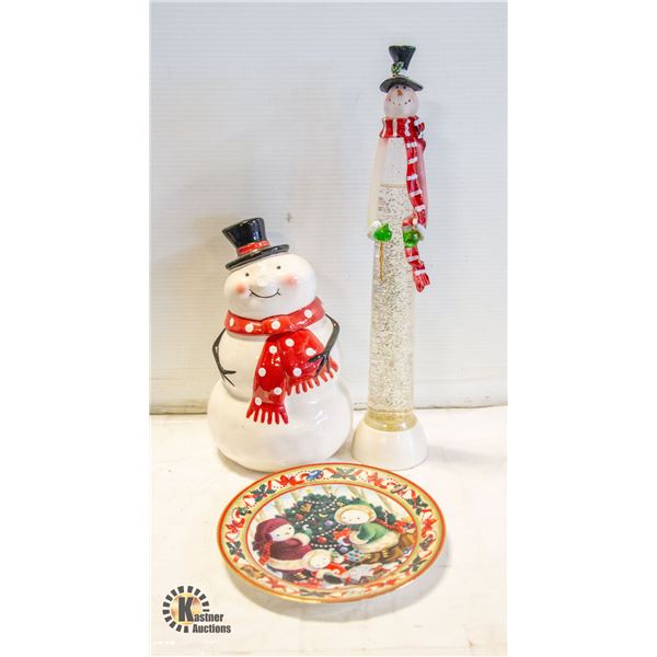 FLAT WITH SMOWMAN COOKIE JAR, COLLECTORS PLATE,