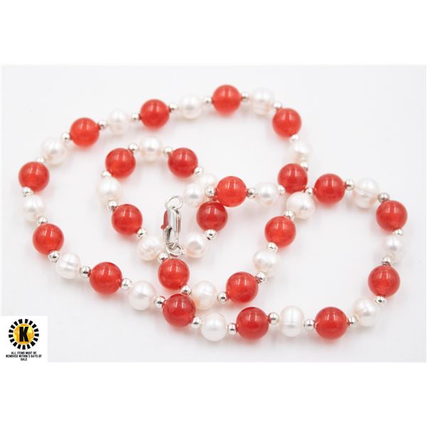 #301-NATURAL FRESH WATER PEARL ,RED JADE NECKLACE