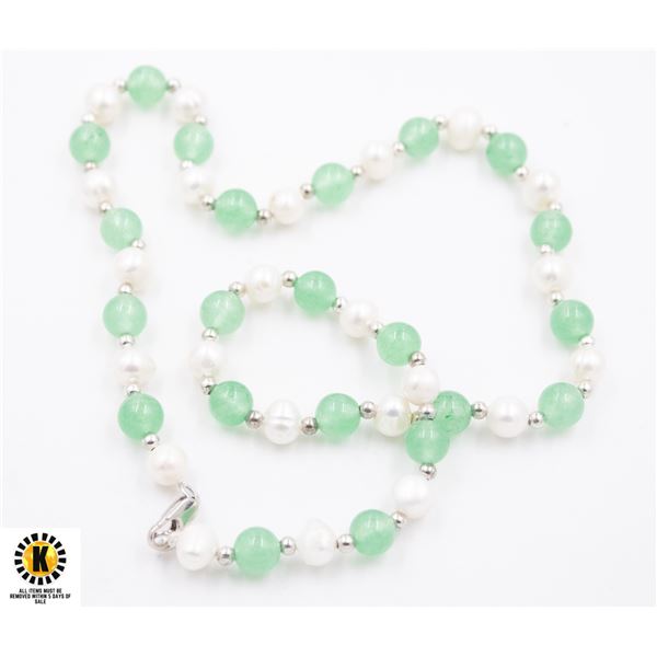 #303-NATURAL FRESH WATER PEARL ,GREEN JADE NECKLAC