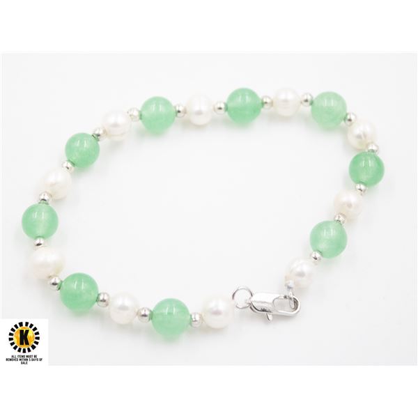 #309- FRESH WATER PEARL , GREEN JADE BRACELET