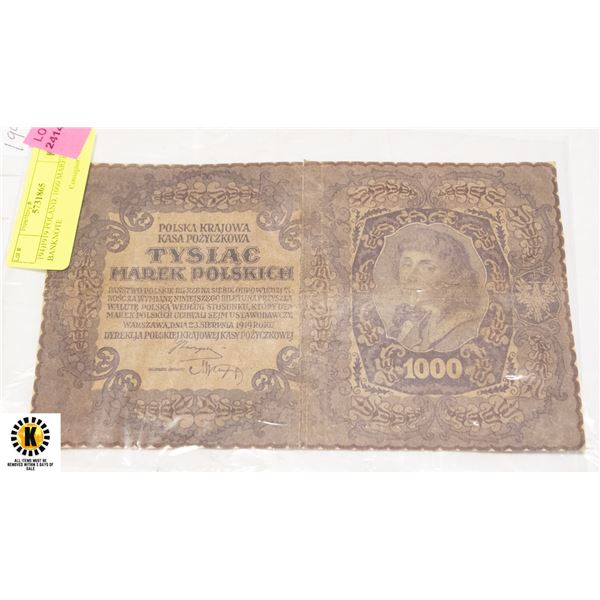 194)1919 POLAND, 1000 MAREK BANKNOTE