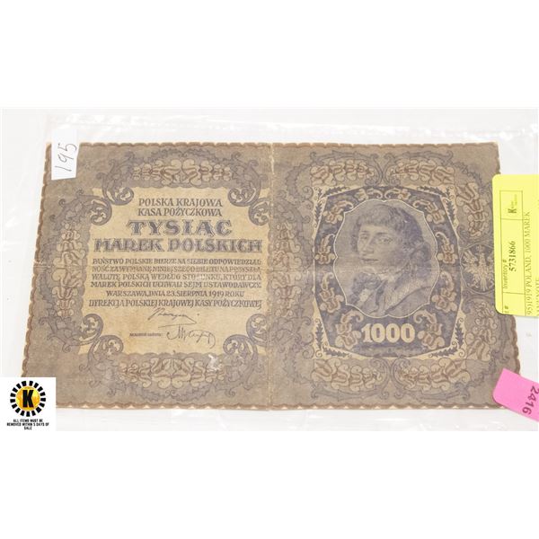 195)1919 POLAND, 1000 MAREK BANKNOTE