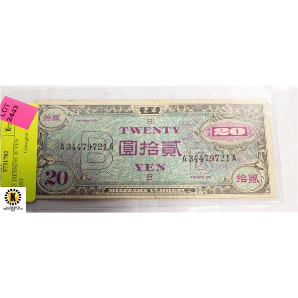 111)1945 JAPANESE 20 YEN MILITARY