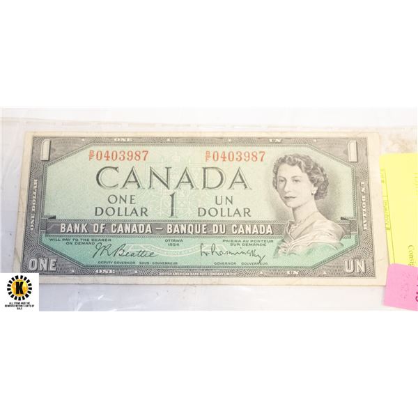 115)1954 CANADA, ONE DOLLAR BILL