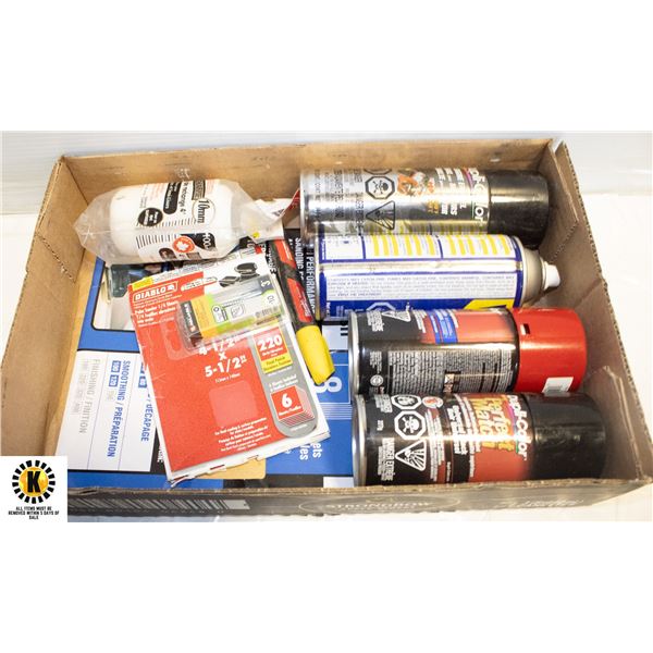 FLAT WITH 3 NEW CANS OF PAINT, WD40, SAND