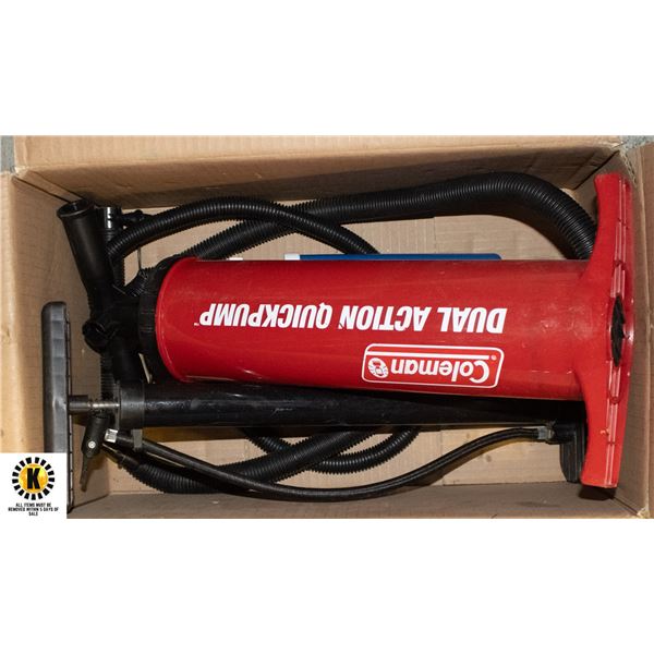 BOX WITH COLEMAN FOOT PUMP PLUS OTHER FOOT