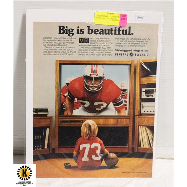1981"GENERAL ELECTRIC" BIG SCREEN TV MAGAZINE AD