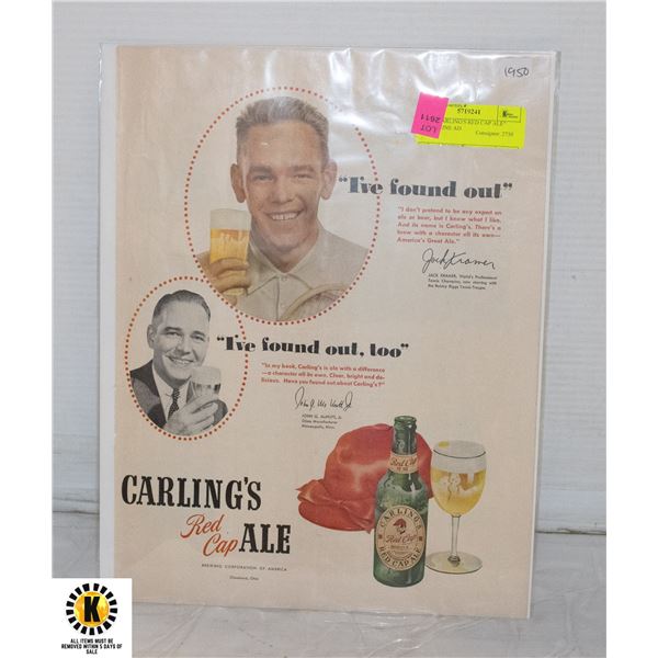 1950 "CARLING'S RED CAP ALE" MAGAZINE AD