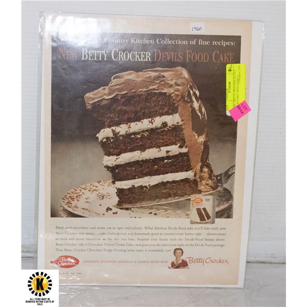 1960 "BETTY CROCKER DEVILS FOOD CAKE" MAGAZINE A