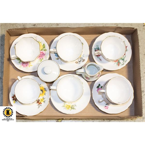 7 BONE CHINA TEACUPS & SAUCERS, SMALL