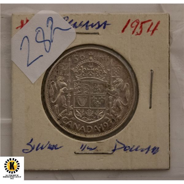 282)1954 CANADIAN SILVER HALF DOLLAR
