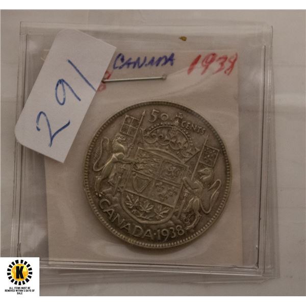 291)1938 CANADIAN SILVER HALF DOLLAR