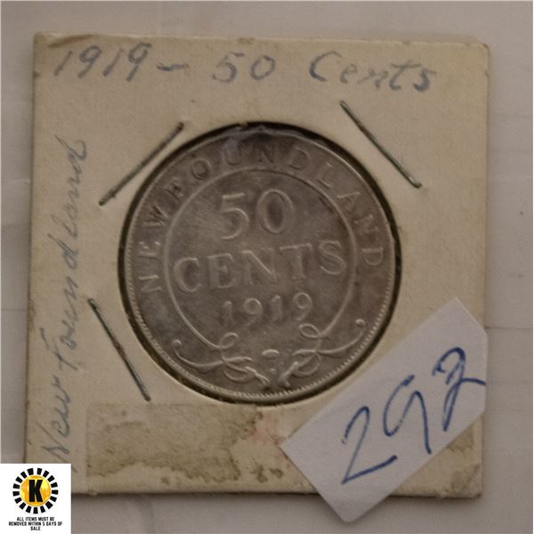 292)1919 CANADIAN SILVER HALF DOLLAR