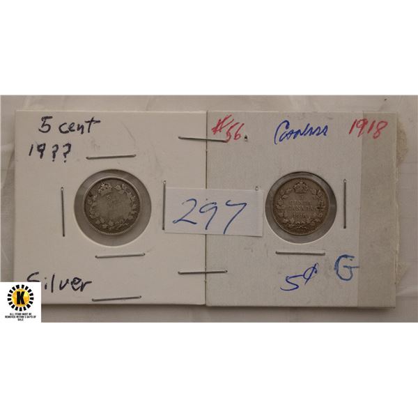 297)TWO CANADIAN SILVER 5 CENT COINS