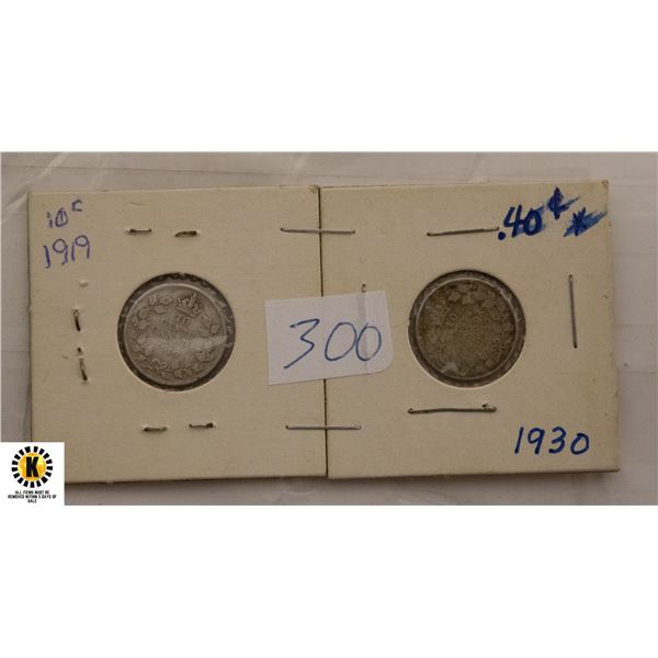 300)TWO CANADIAN TEN CENT SILVER COINS