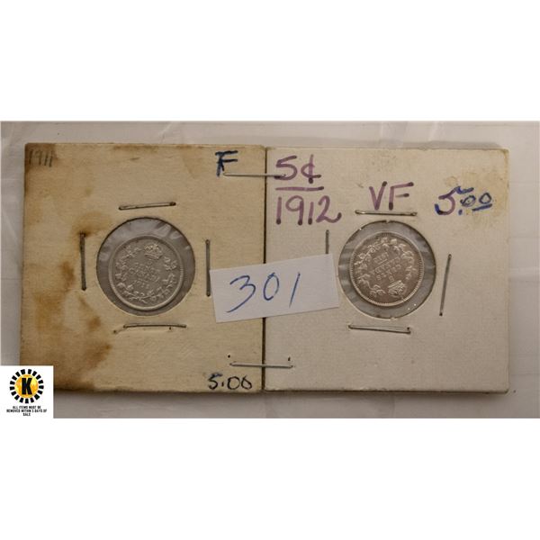 301)TWO CANADIAN SILVER 5 CENT COINS
