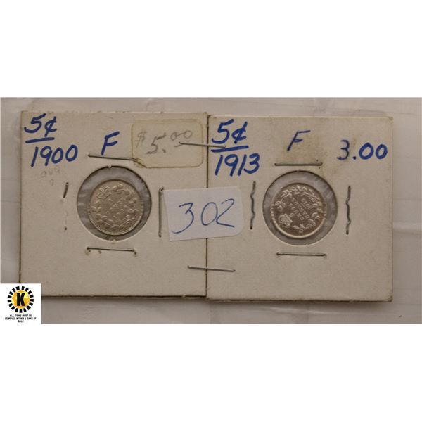 302)TWO CANADIAN SILVER 5 CENT COINS
