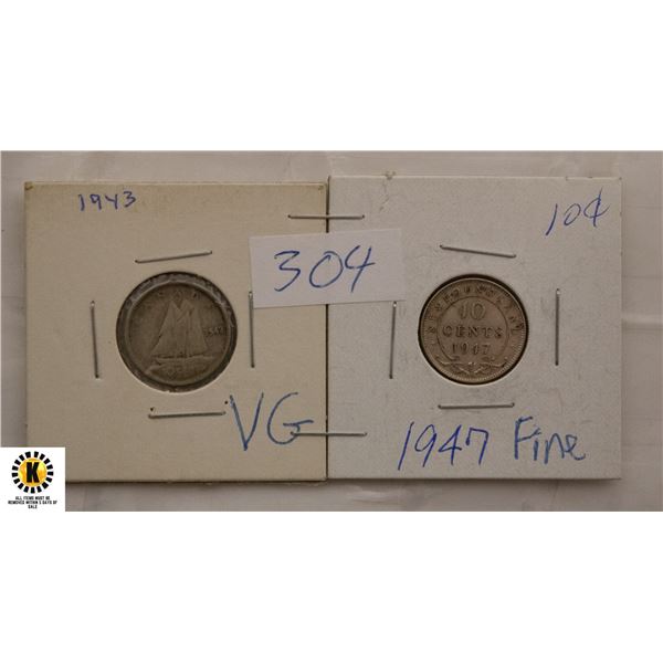 304) TWO CANADIAN TEN CENT SILVER COINS