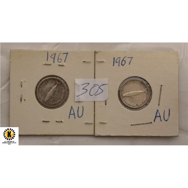 305) TWO 1967 CANADIAN CENTENNIAL TEN CENT