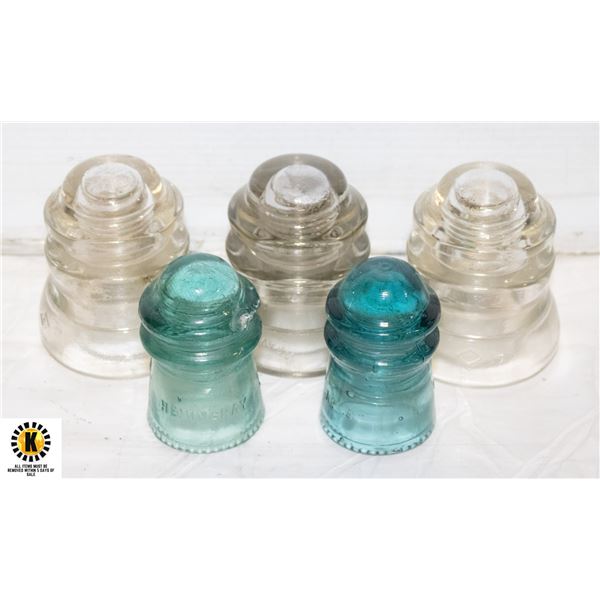 LOT OF 5 VINTAGE GLASS INSULATORS