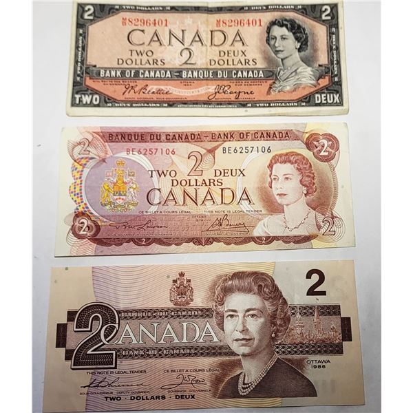 15)  LOT OF 3 CANADIAN $2.00 BANKNOTES, 1954, 1973