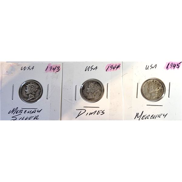 14)  LOT OF 3 USA MERCURY DIMES, 19453, 1944 & 194
