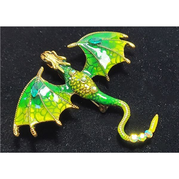 29)  GOLD TONE WITH GREEN & YELLOW ENAMEL DRAGON
