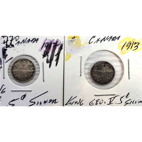 13)  LOT OF 2 CANADIAN 92.5% SILVER 5 CENT COINS,