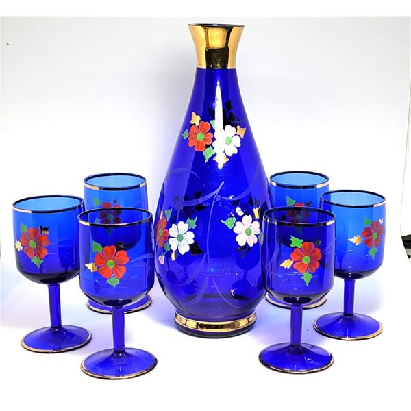 1)  VINTAGE COBALT BLUE BOHEMIAN GLASS DECANTER,