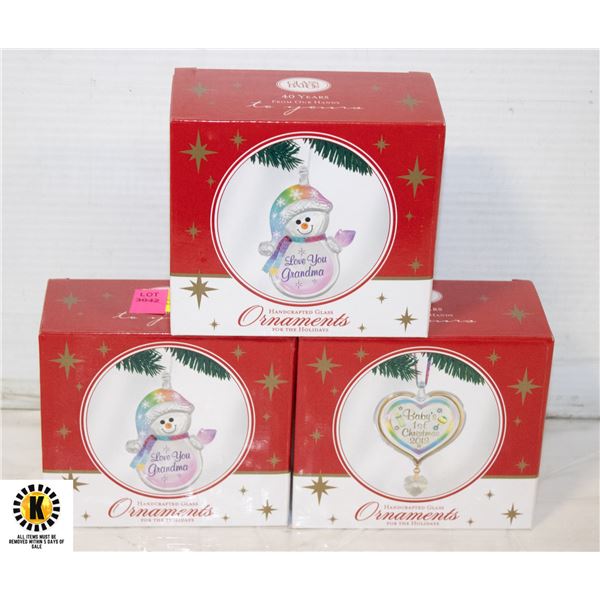 3 HANDCRAFTED GLASS ORNAMENTS