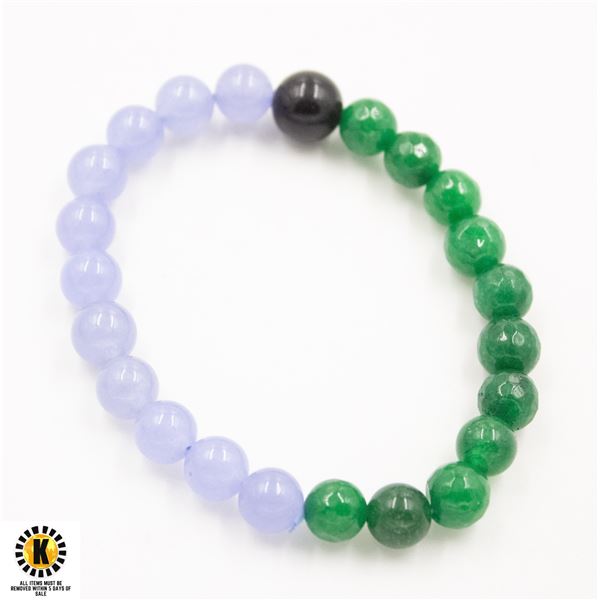 #297-EMERALD ,PURPLE JADEITE ,OBSIDIAN BEAD BRACEL