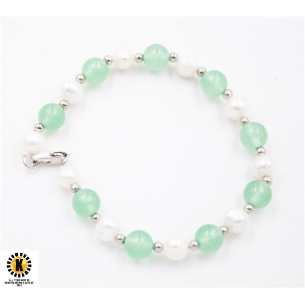 #310- FRESH WATER PEARL , GREEN JADE BRACELET