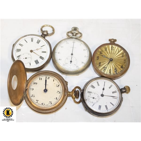 LOT OF 5 OLD VARIOUS MAKER BROKEN POCKET WATCHES