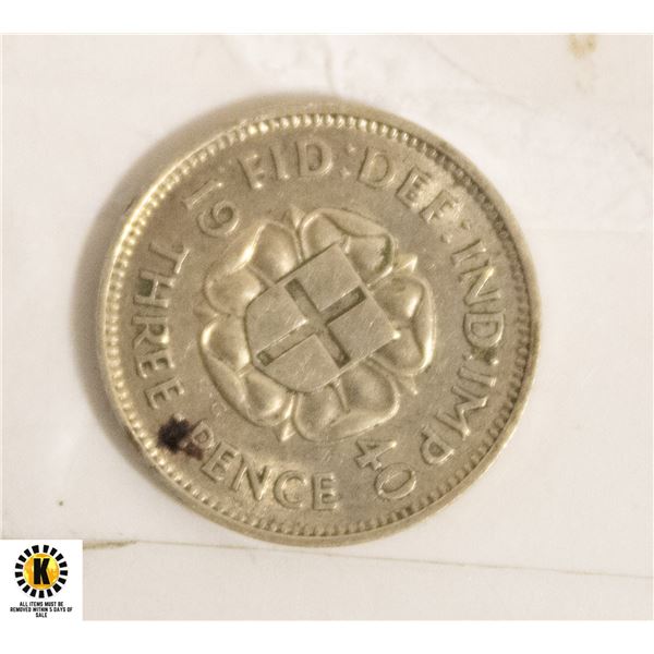 1940 SILVER GREAT BRITAIN THREE PENCE COIN